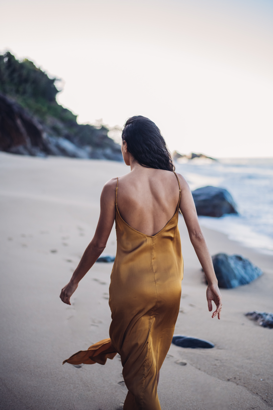 Gorgeous double split, low back, slip silk dress with adjustable spaghetti straps.