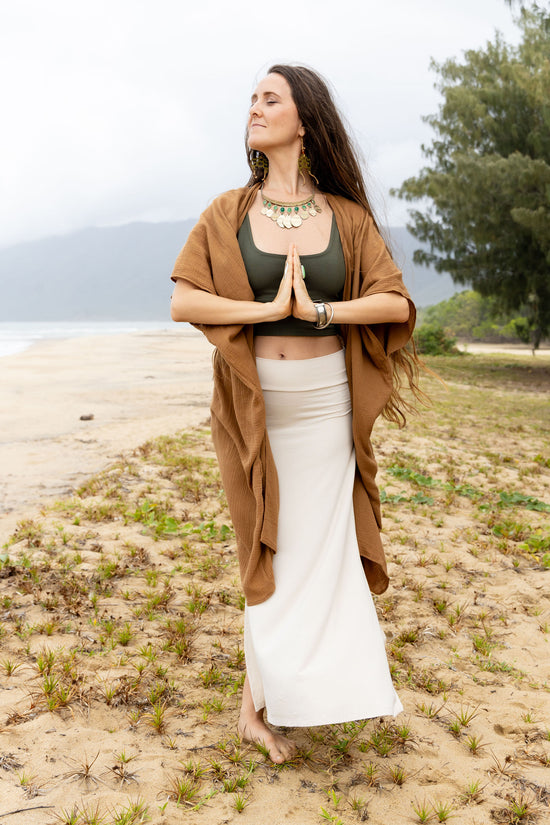 alt="Sacred Creations Adore Kaftan Cotton Gold – ethically handmade organic cotton kaftan designed for comfort, wellness, and mindful recovery"