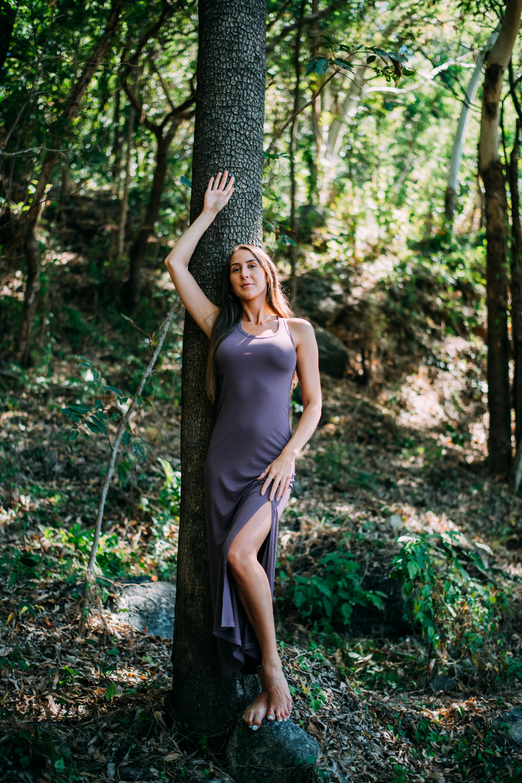  Double split maxi dress is made from organic stretch bamboo