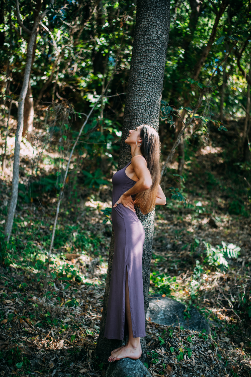  Double split maxi dress is made from organic stretch bamboo