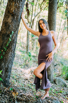   Double split maxi dress is made from organic stretch bamboo