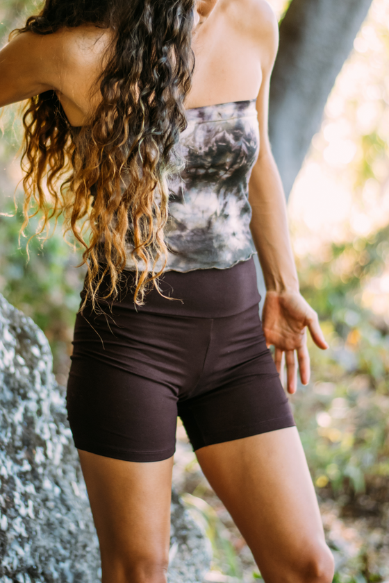 High waisted yoga shorts are made from organic stretch bamboo