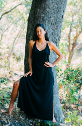This boho maxi dress features a blend of linen and rayon for a comfortable and stylish fit. It is ethically handcrafted in Bali,