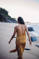 Gorgeous double split, low back, slip silk dress with adjustable spaghetti straps. 