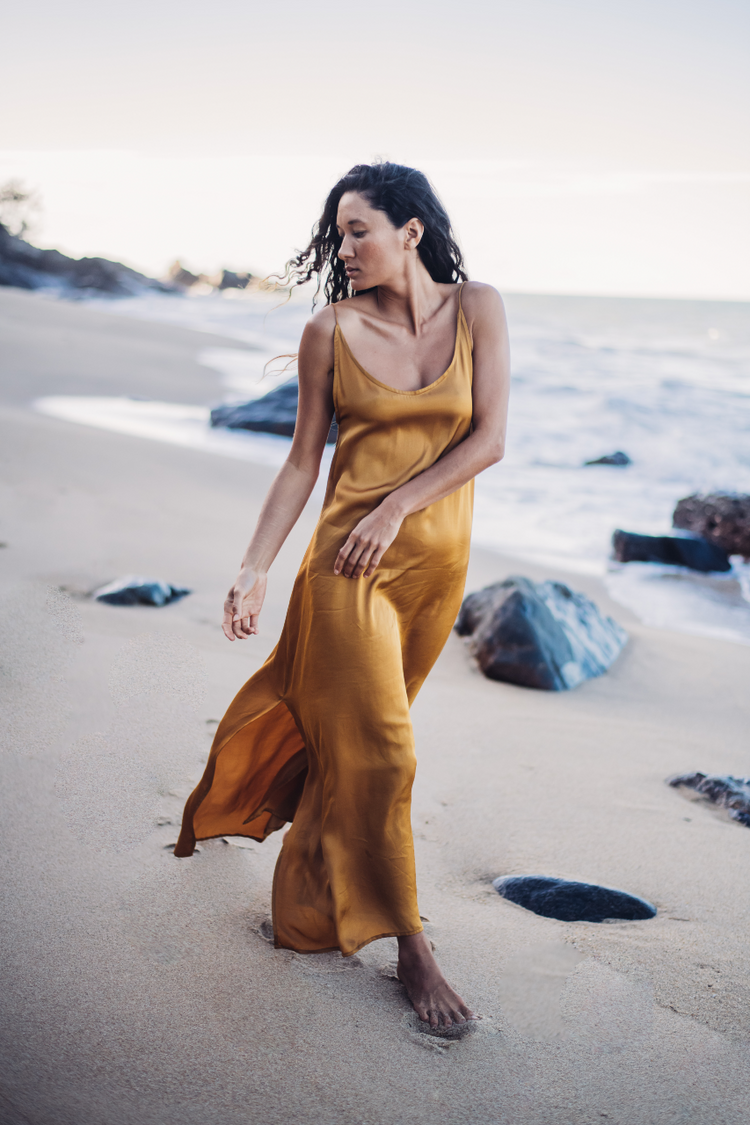 Gorgeous double split, low back, slip silk dress with adjustable spaghetti straps. 