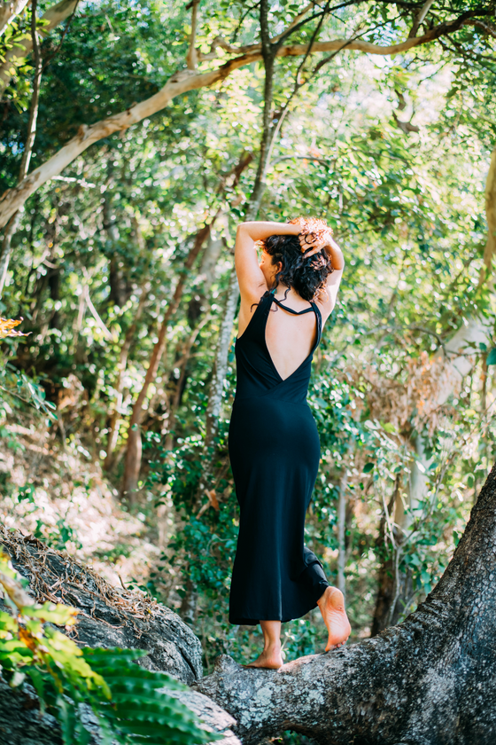 This low back style maxi dress is crafted from stretch bamboo, ethically made with care and intention