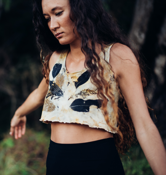 This eco botanical dyed cropped top is lovingly designed and handmade by Teala Regan using high quality, organic hemp/ organic cotton blend fabric and hand dyed with plants. 