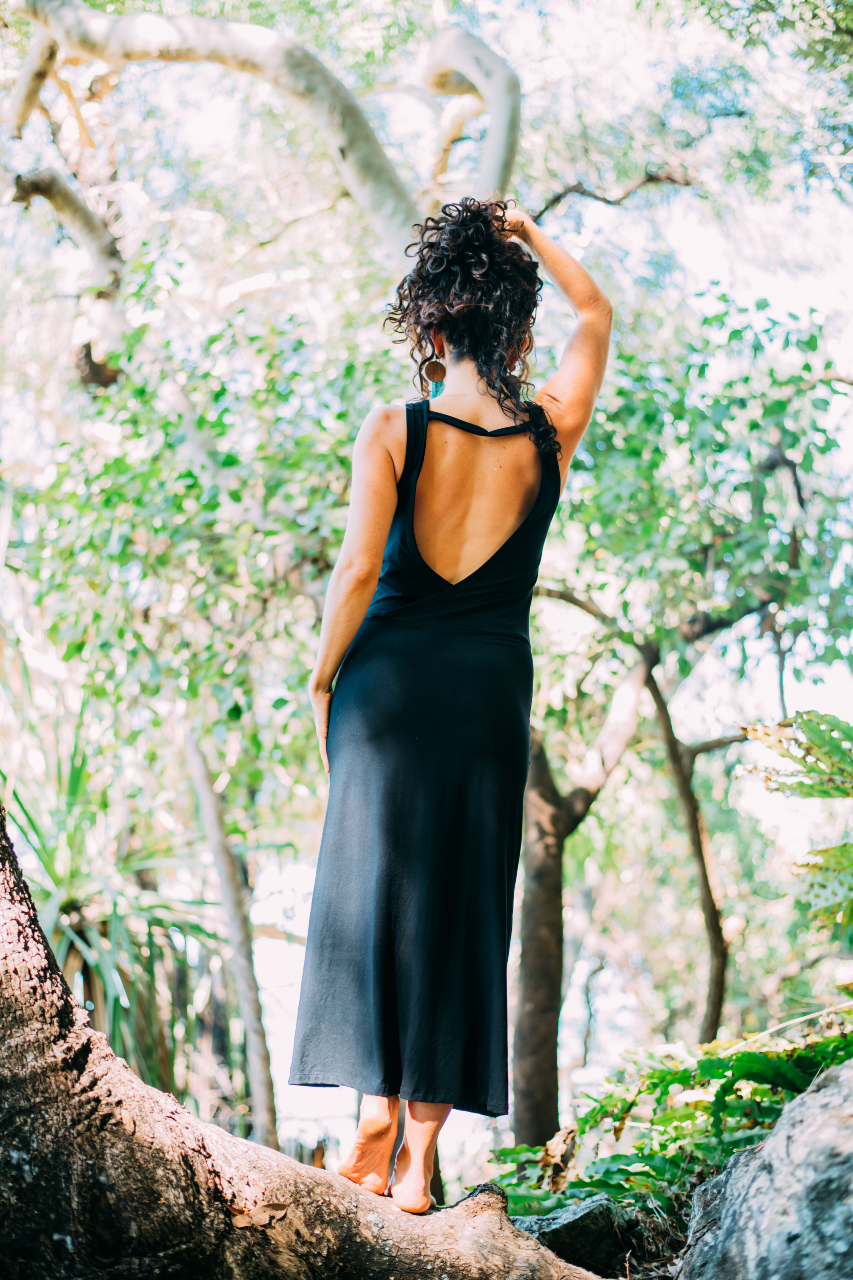 This low back style maxi dress is crafted from stretch bamboo, ethically made with care and intention