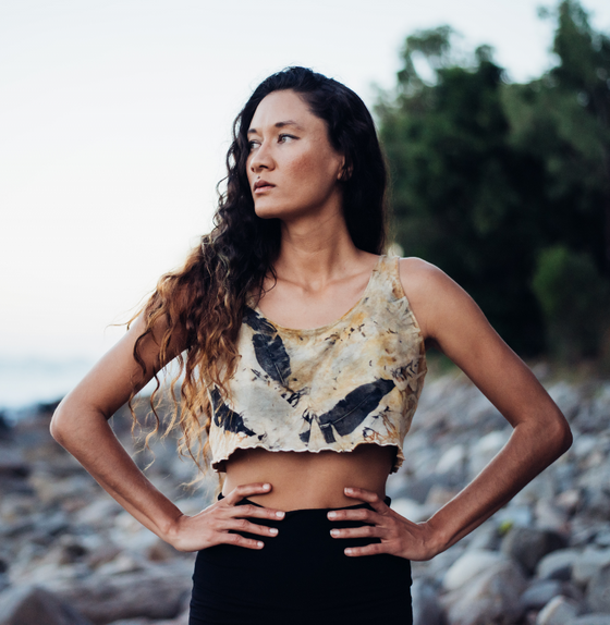 This eco botanical dyed cropped top is lovingly designed and handmade by Teala Regan using high quality, organic hemp/ organic cotton blend fabric and hand dyed with plants. 