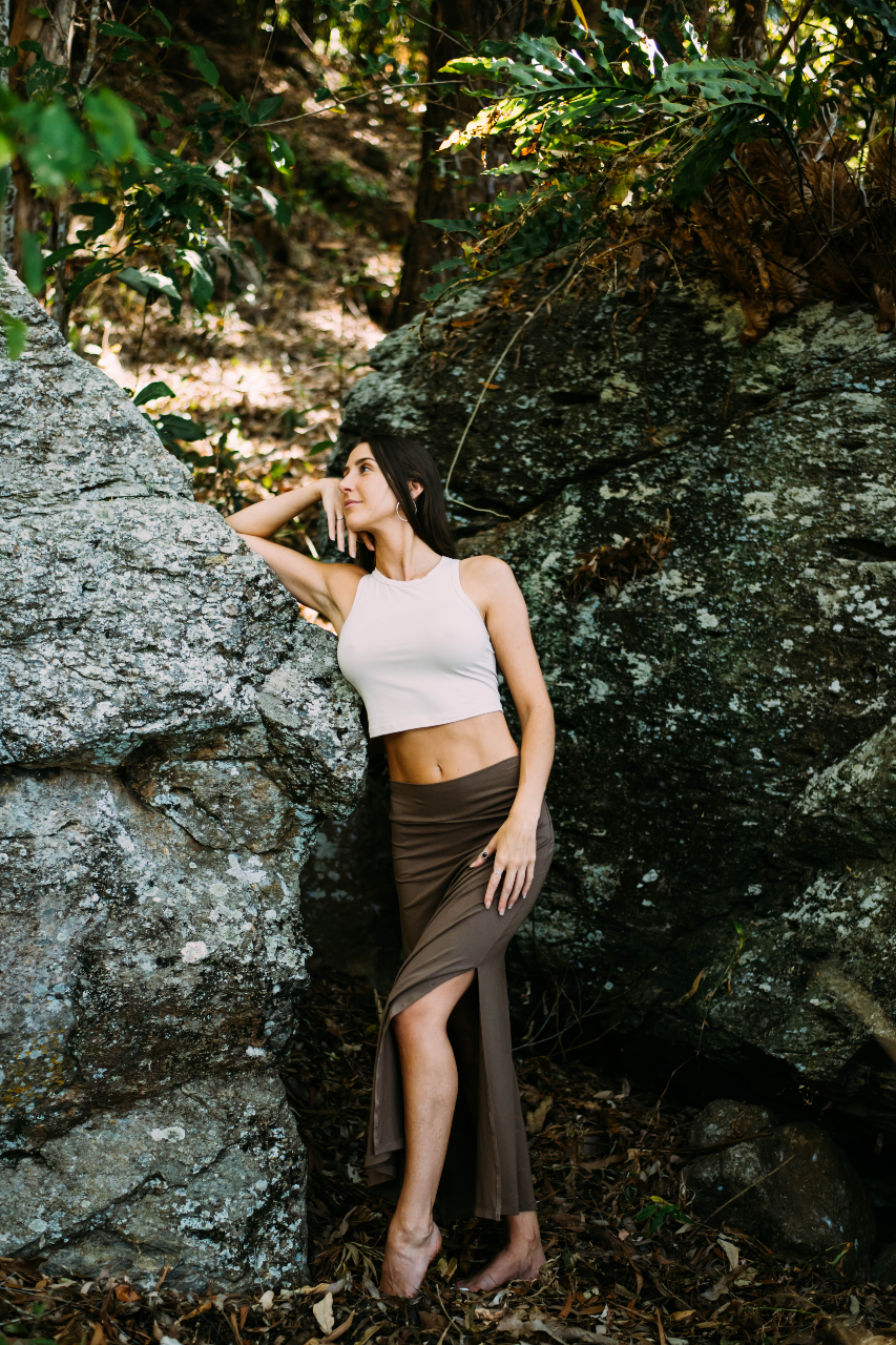 this maxi skirt  is made from organic stretch bamboo fabric and is a double-split design.