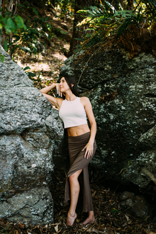  this maxi skirt  is made from organic stretch bamboo fabric and is a double-split design.