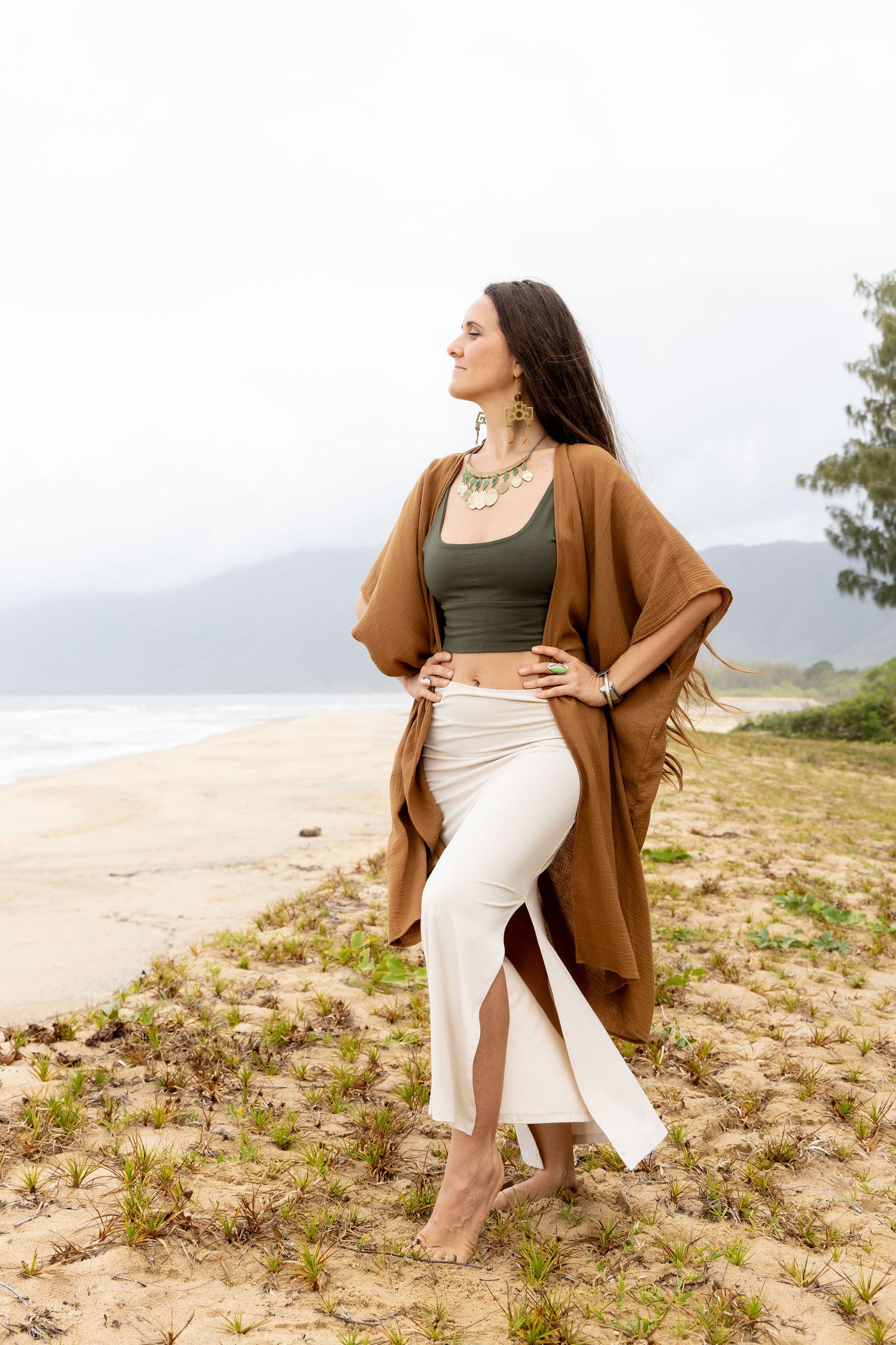 <img src="..." alt="Chanel Baran modeling the Adore Kaftan Cotton Gold – lightweight organic cotton kaftan, perfect for yoga, meditation, and fitness recovery rituals">
