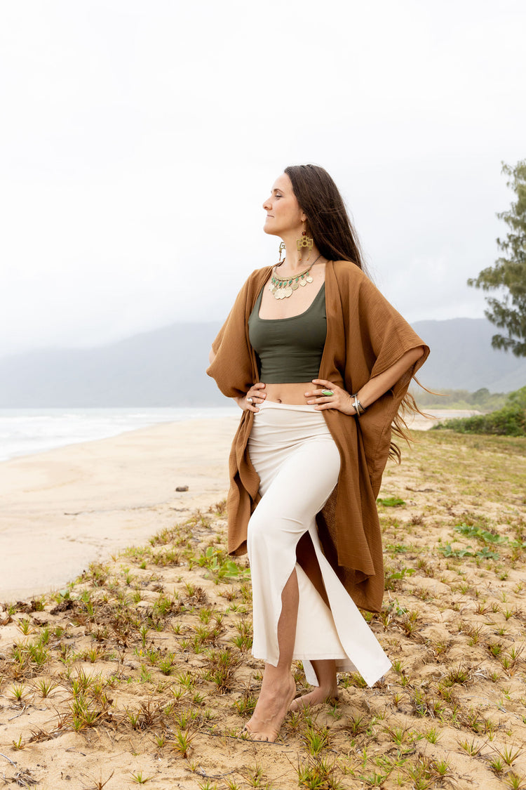 <img src="..." alt="Chanel Baran modeling the Adore Kaftan Cotton Gold – lightweight organic cotton kaftan, perfect for yoga, meditation, and fitness recovery rituals">
